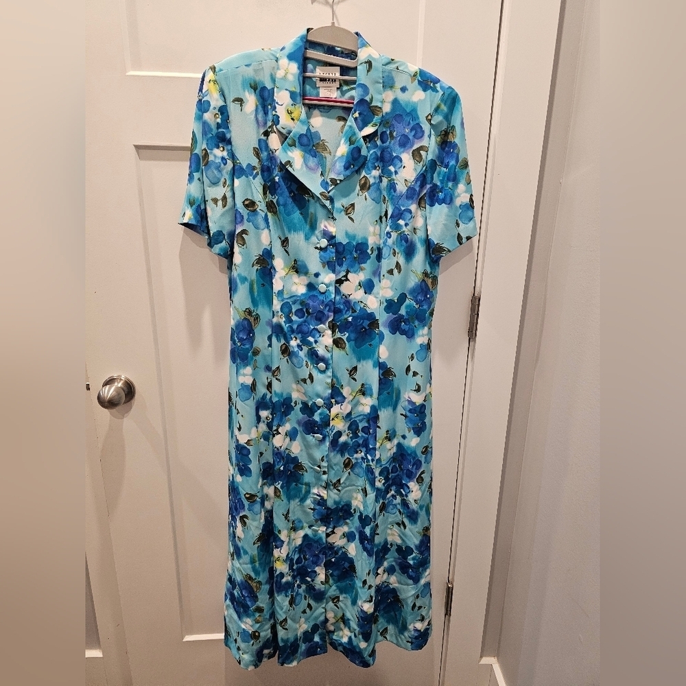 Leslie Fay Vintage Blue Floral Button-Front Midi Dress Size 16 – Made in USA